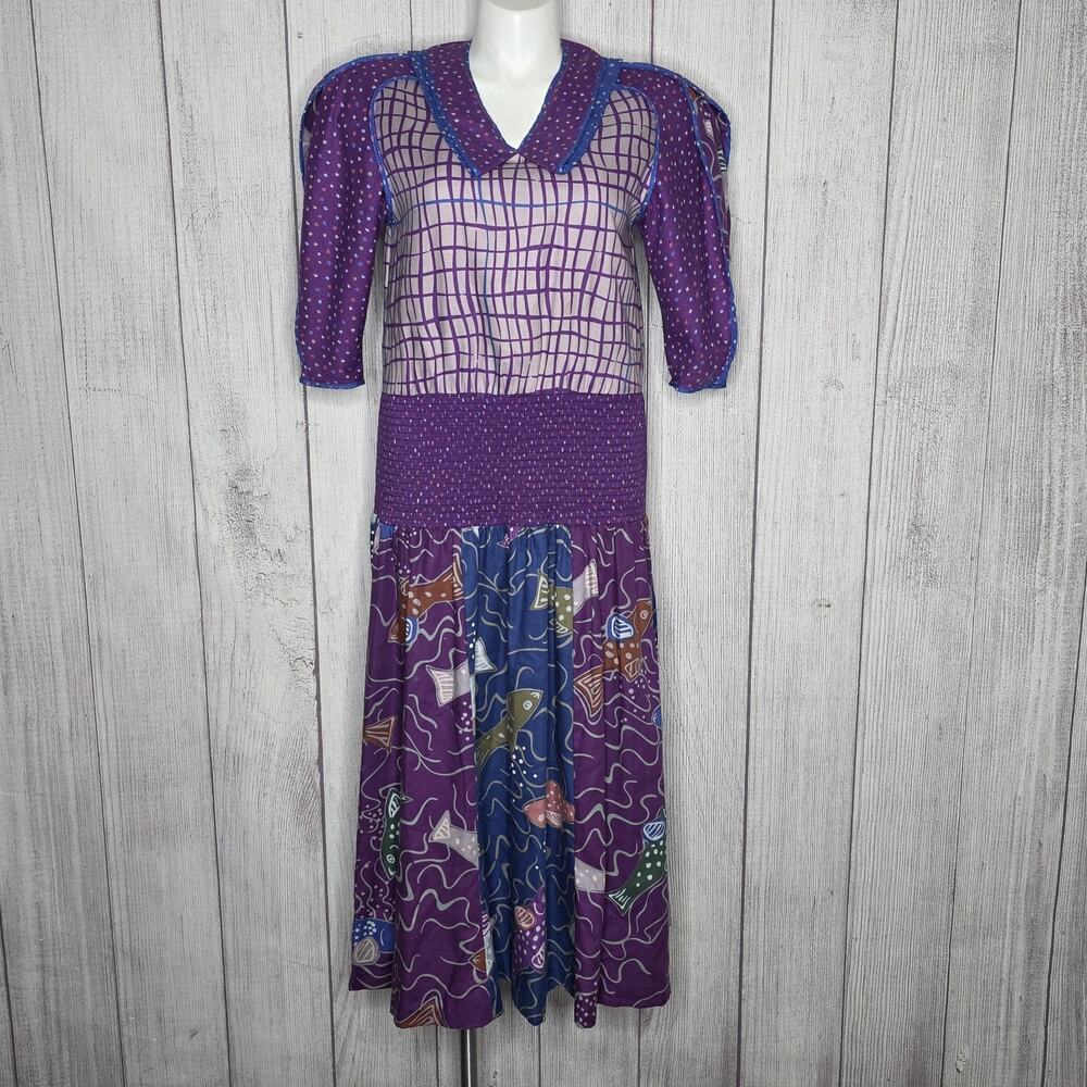 VTG Jeanne Marc Abstract Fish Print Dress Pleated Sleeve Back Button, Medium